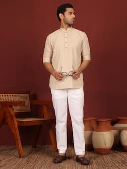 Beige Self Design Cotton Short Kurta with Pyjama BNRSKT281101S