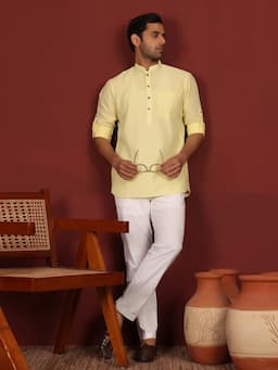 Yellow Self Design Cotton Short Kurta with Pyjama BNRSKT281201XXL