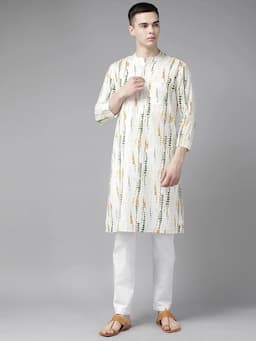 Men White Multi Tie and dye Print Design Straight Kurta With Pyjama SDKT111101XL