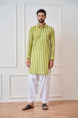 Men Lime Green Regular Pure Cotton Pathani Kurta With White Salwar SDMPKT115903L