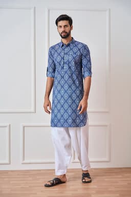 Men Indigo Regular Pure Cotton Pathani Kurta With White Salwar SDMPKT116103XS