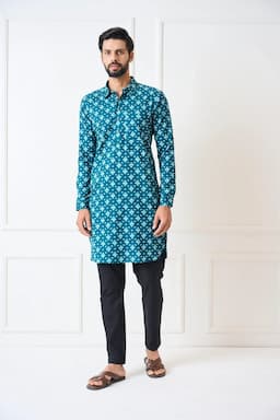 Men Teal Blue Regular Pure Cotton Pathani Kurta With Black Pyjama SDMPKT116502M