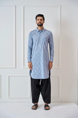 Men Light Grey Regular Pure Cotton Pathani Kurta With Black Salwar SDMPKT117004S