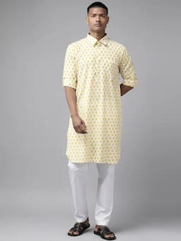 Men Off White Regular Pure Cotton Pathani Printed Men's Kurta With White Salwar SDPKT113801L