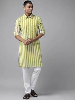Men Lime Green Regular Pure Cotton Pathani Printed Men's Kurta With White Salwar SDPKT115901XS