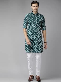 Men Teal Blue Regular Pure Cotton Pathani Printed Men's Kurta With White Salwar SDPKT116501XS