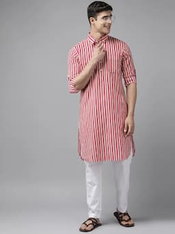 Men Fuchsia Pink Regular Pure Cotton Pathani Printed Men's Kurta With White Salwar SDPKT116601S