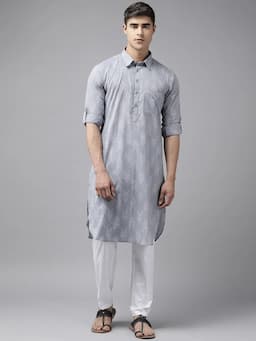 Men Light Grey Regular Pure Cotton Pathani Printed Men's Kurta With White Salwar SDPKT117001XL