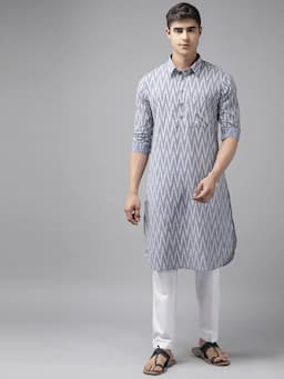 Men Light Grey Regular Pure Cotton Pathani Printed Men's Kurta With White Salwar SDPKT117301S
